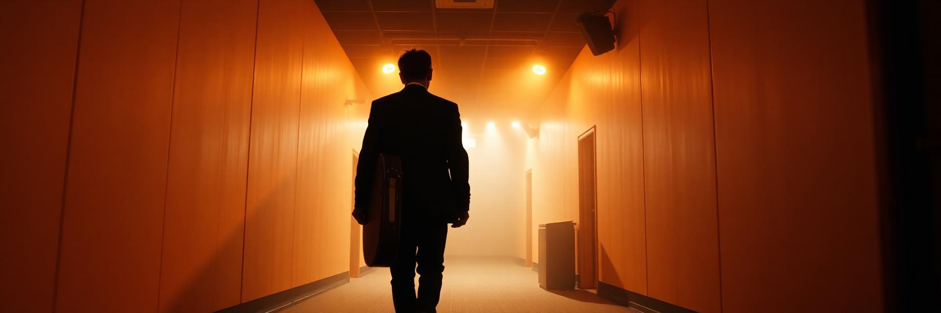 Artist walking a backstage corridor with a guitar case