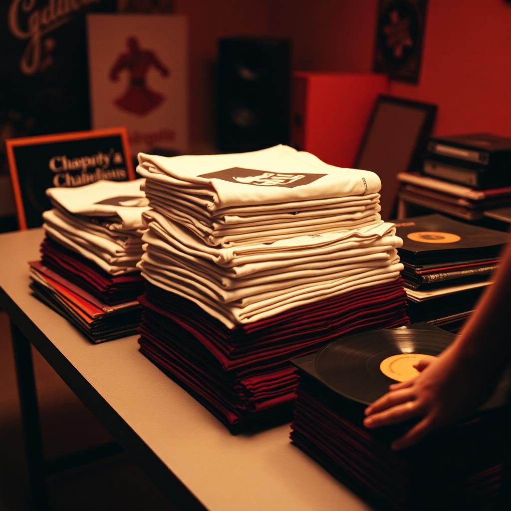 Artist merch and vinyl stacked for a release