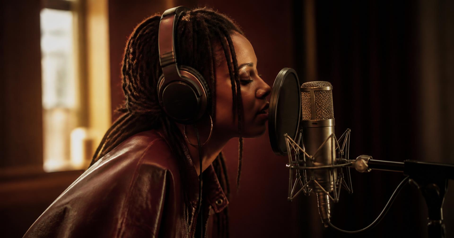 Independent artist recording vocals in a studio booth